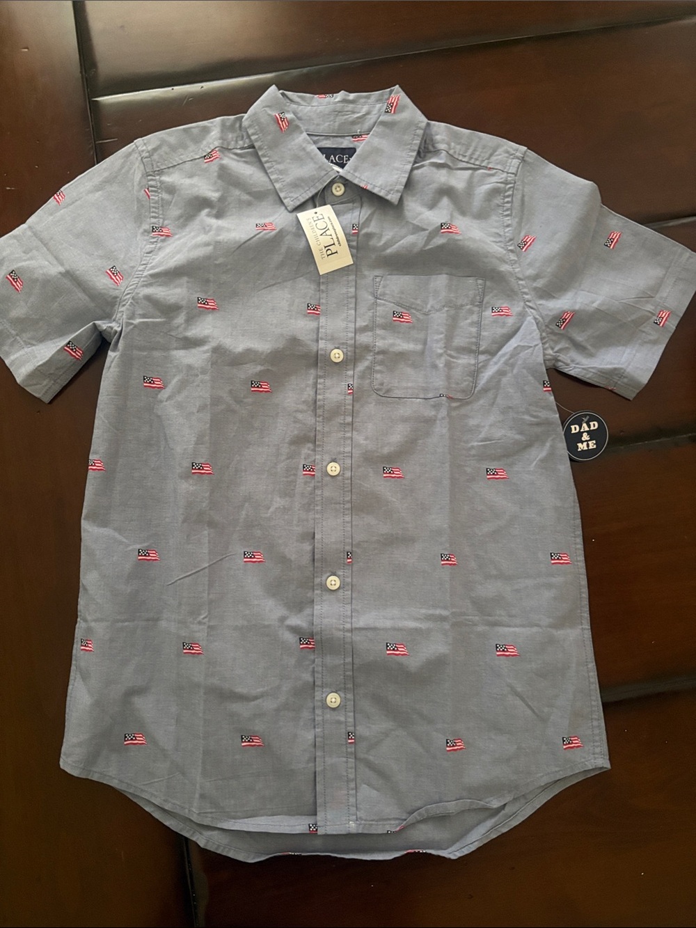 Boys' Gray Short-Sleeve Button-Down Shirt with American Flag Print